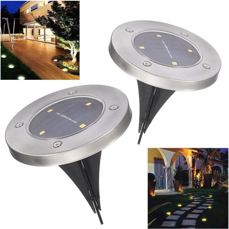 foto del prodotto trade shop traesio 2 x lampada luce led solare disk lights esterno giardino waterproof segna passo 