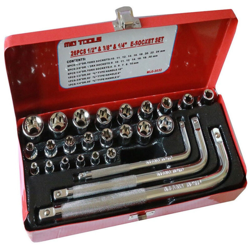foto del prodotto trade shop traesio 26 chiavi bussole torx femmina e4 e24 prolunghe attacco 1 2 1 4 3 8 