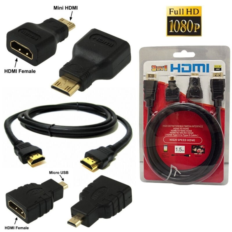 foto del prodotto trade shop traesio 3 in 1 cavo hdmi full hd 1080p 1.5 m adattatori mini hdmi e micro hdmi dorati 