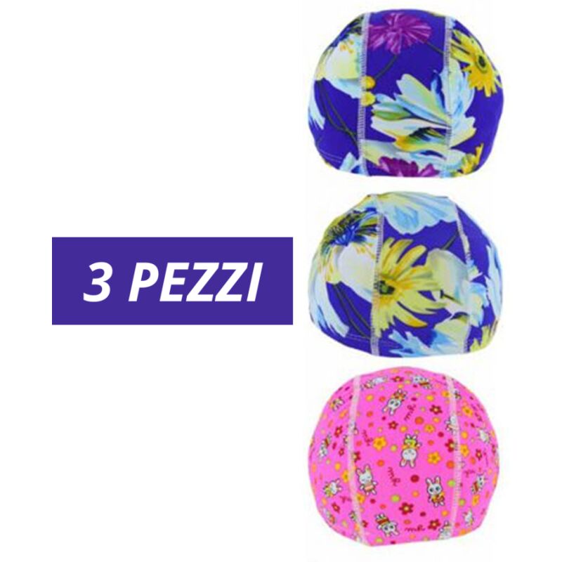 foto del prodotto trade shop traesio 3 pz cuffia piscina mare nuoto stampata varie fantasie con fascia elastica 2cm 
