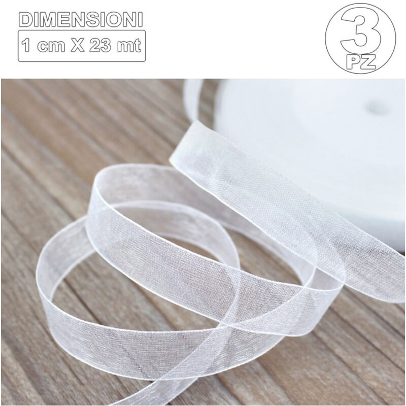foto del prodotto trade shop traesio 3 rotoli nastro bianco bomboniera organza bobina decorazioni addobbi decoupage 