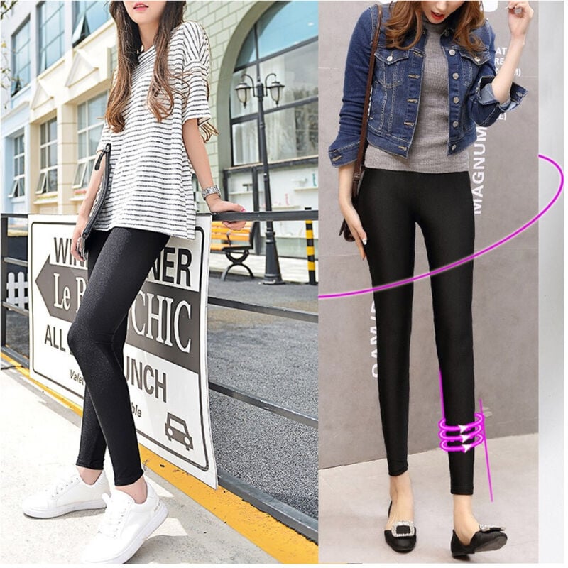 foto del prodotto trade shop traesio - 3x leggings mod.kz-156 da donna comodi eleganti leggermente lucidi colore nero - l-xl