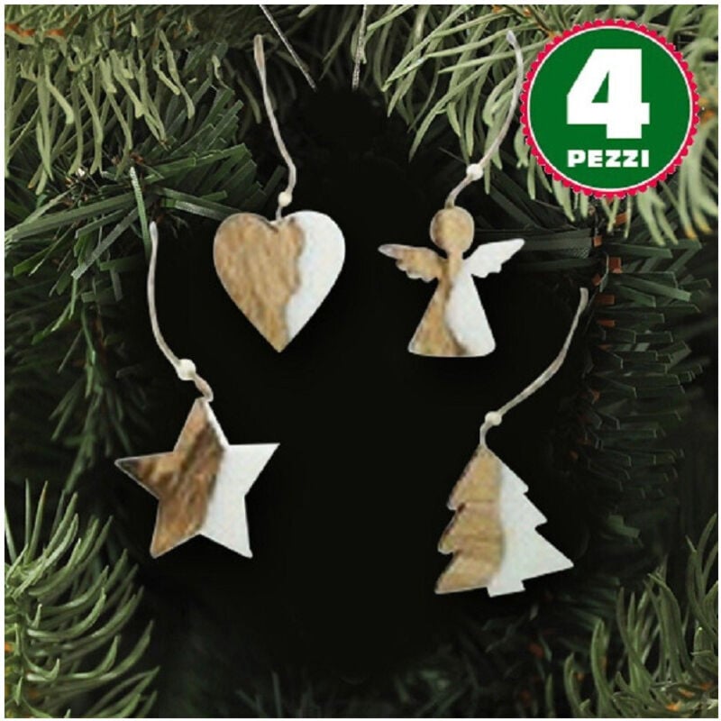 foto del prodotto trade shop traesio 4 appendini natale in legno ovatta forma stella albero angelo cuore 11cm bianco 