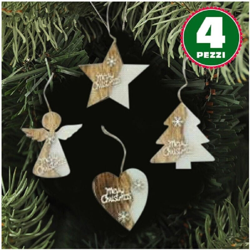 foto del prodotto trade shop traesio 4 appendini natale in legno ovatta forma stella albero angelo cuore con scritta merry christmas 