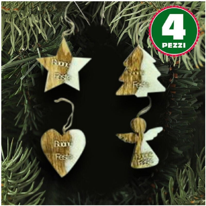 foto del prodotto trade shop traesio 4 appendini natale legno ovatta forma stella albero angelo cuore con scritta buone feste 
