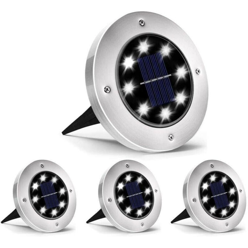 foto del prodotto trade shop traesio - 4 faro lampada led solare da esterno giardino faretto 8 led picchetto segnapassi -