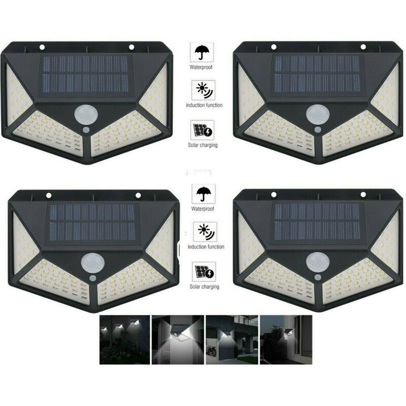 foto del prodotto trade shop traesio - 4pcs lampada luce faretto faro esterno energia solare 100 led sensore movimento -