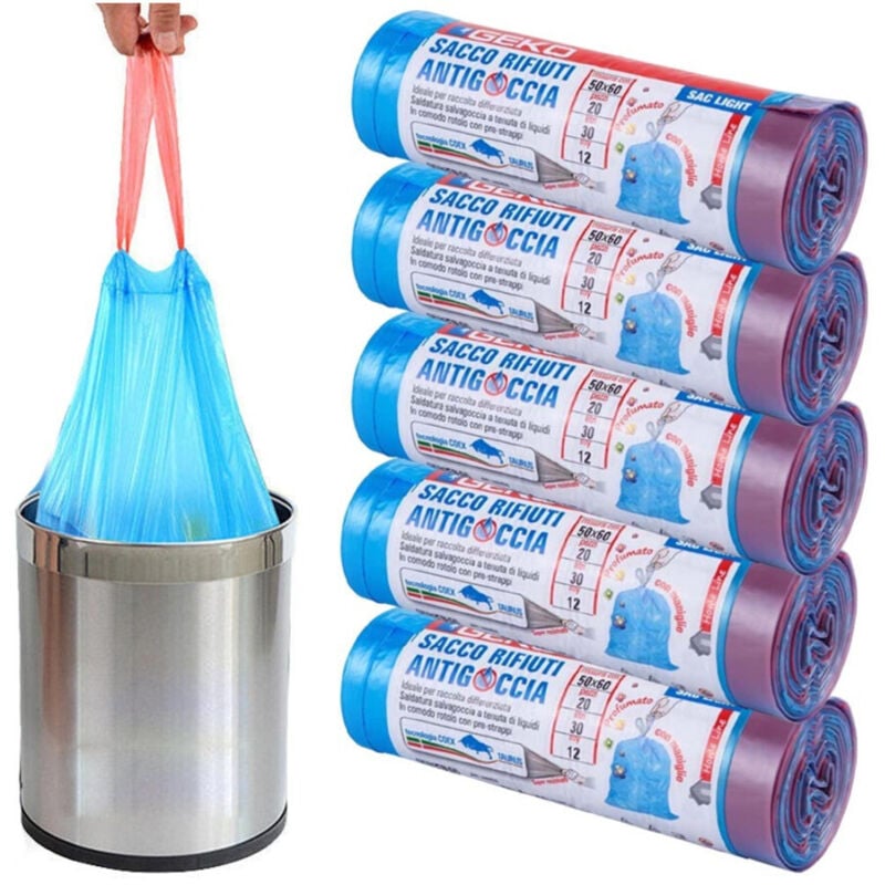 foto del prodotto trade shop traesio - 5 rotoli sacchetti buste spazzatura profumati 30lt 50x60cm con manici blu 100pz -