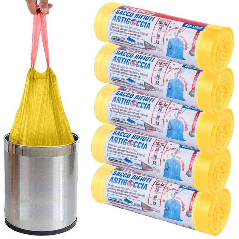 foto del prodotto trade shop traesio - 5 rotoli sacchetti buste spazzatura profumati 45lt 50x60 con manici giallo 100pz -