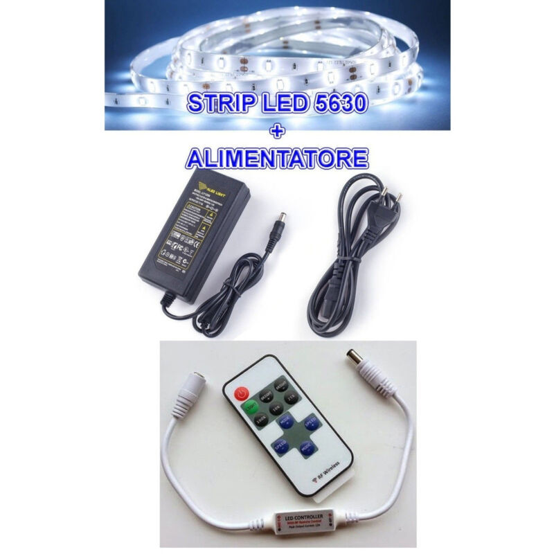 foto del prodotto trade shop traesio 5m striscia strip led smd 5630 alimentatore 5a dimmer telecomando controller bianco freddo 