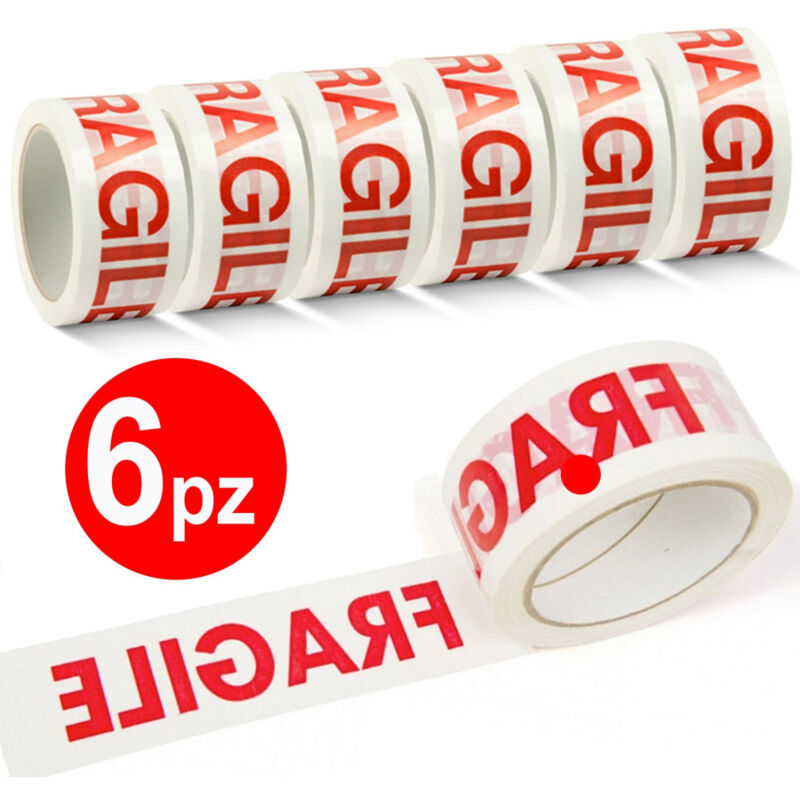 foto del prodotto trade shop traesio 6 nastro adesivo per imballaggio chiusura scatoli 48mm x 132mt scritta fragile 