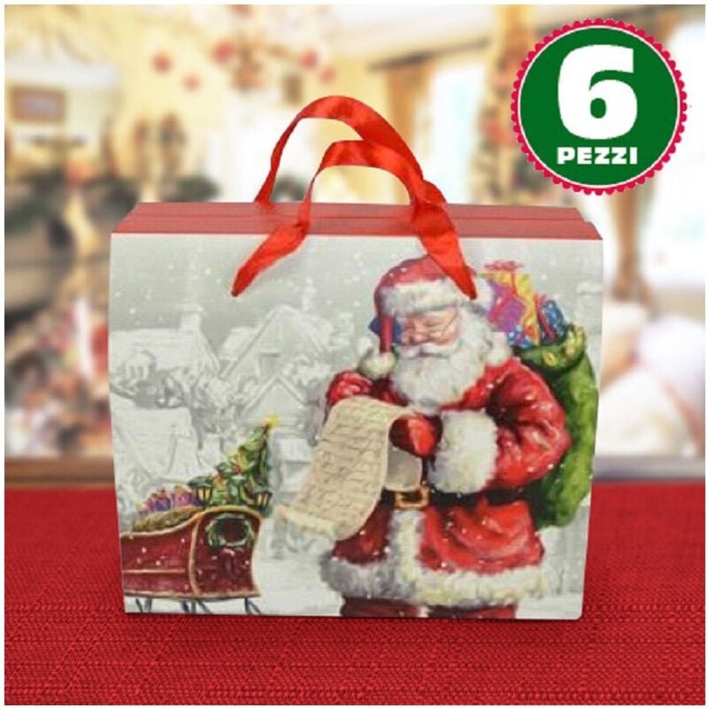 foto del prodotto trade shop traesio - 6 scatole da regalo stampa babbo natale classico manici rossi 23 x 12,5 x 27,5cm -