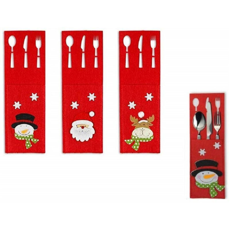 foto del prodotto trade shop traesio 6pz portaposate feltro natalizie rosso 15x9cm babbo natale renna pupazzo fiocco rilievo 