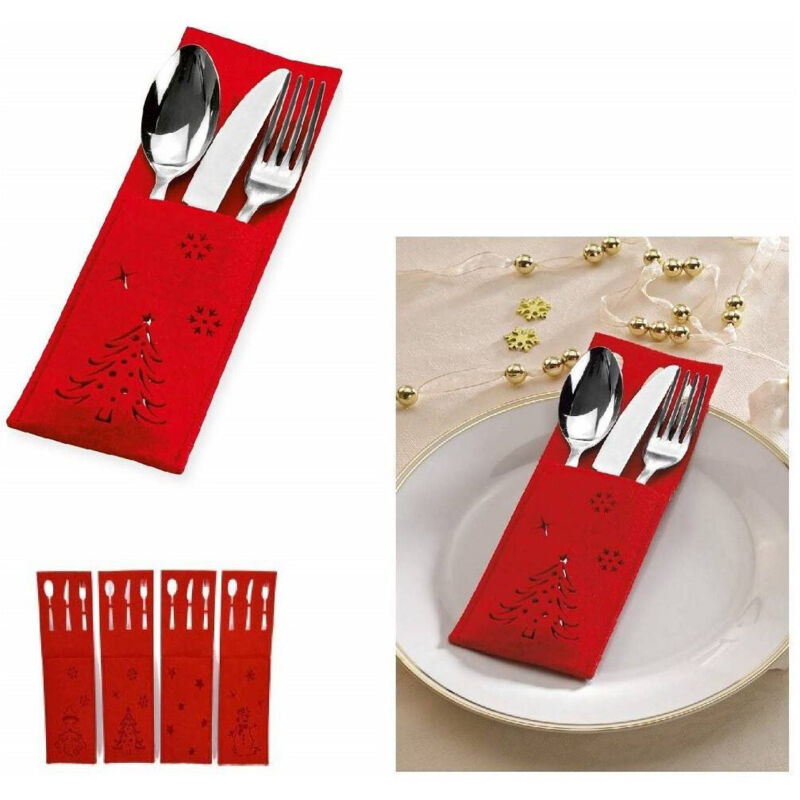 foto del prodotto trade shop traesio - 6pz portaposate feltro natalizie rosso 15x9cm babbo natale renna pupazzo neve sagomate -