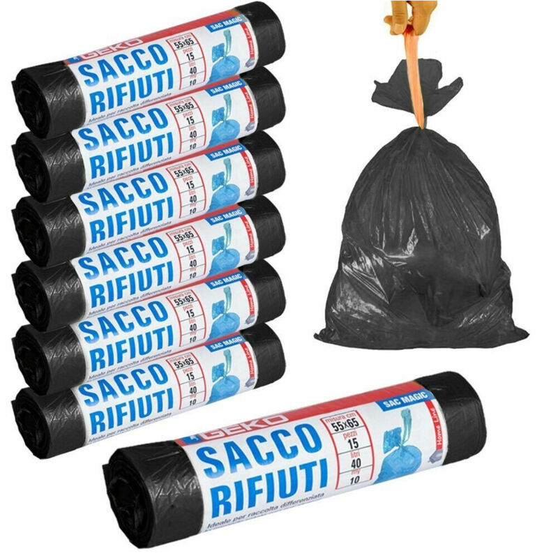 foto del prodotto trade shop traesio 7 x rotoli sacchetti buste spazzatura 40lt 55x65cm chiusura laccetto nero 105pz 