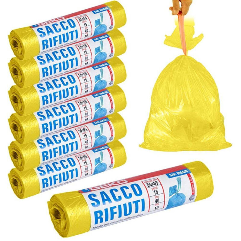foto del prodotto trade shop traesio 7x rotoli sacchetti buste spazzatura 40lt 55x65cm chiusura laccetto giallo 105pz 