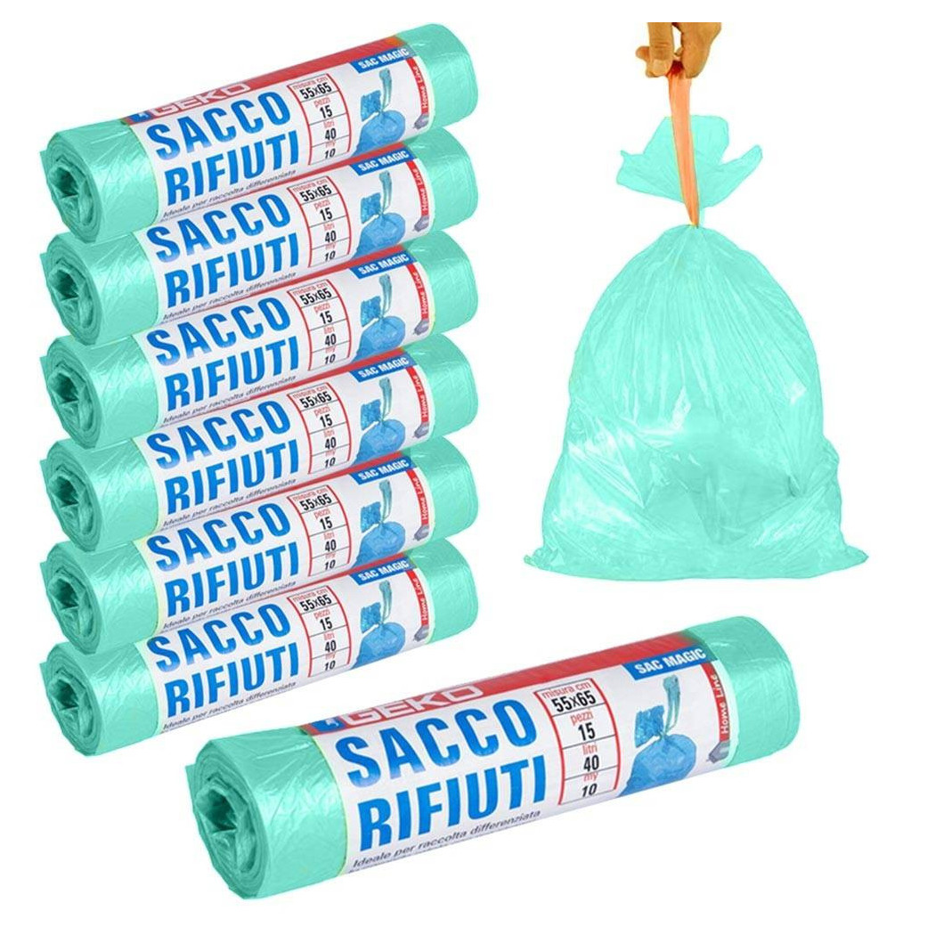 foto del prodotto trade shop traesio 7x rotoli sacchetti buste spazzatura 40lt 55x65cm chiusura laccetto verde 105pz 