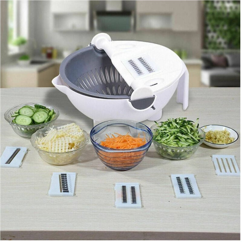 foto del prodotto trade shop traesio - affettatrice manuale taglia verdure affetta cestello cucina grattugia 6 in 1 -