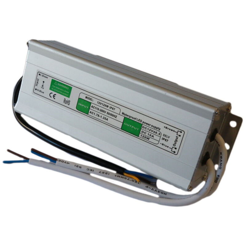 foto del prodotto trade shop traesio alimentatore trasformatore impermeabile 12v ip67 waterproof striscia led switch 120 watt