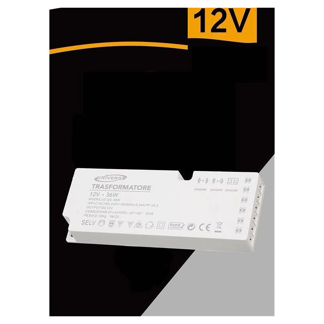 foto del prodotto trade shop traesio alimentatore trasformatore slim da 230v a 12v 36 w strip led sensori luci qs 36w 