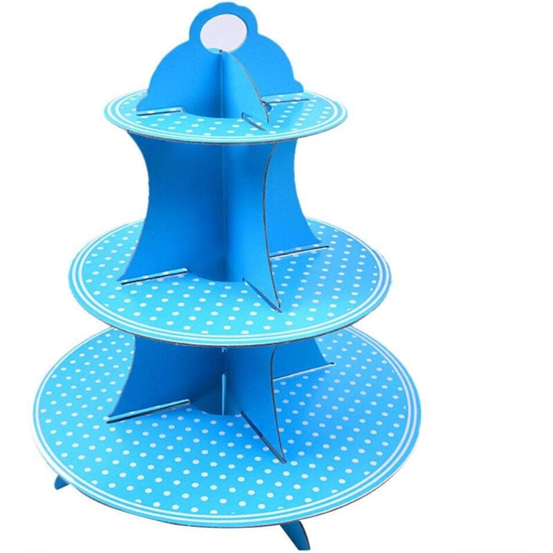 foto del prodotto trade shop traesio - alzatina in cartone porta torta dolci cupcake 3 ripiani azzurro con pois bianchi -