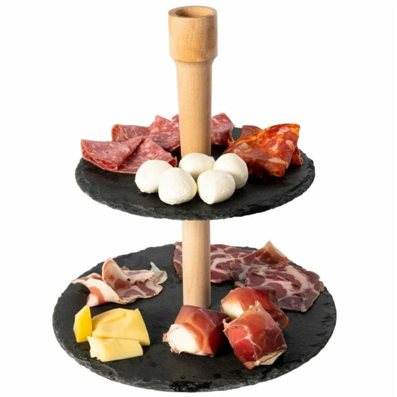foto del prodotto trade shop traesio alzatina stand porta dolci rustici 2 piani in ardesia 20 25cm legno finger food 