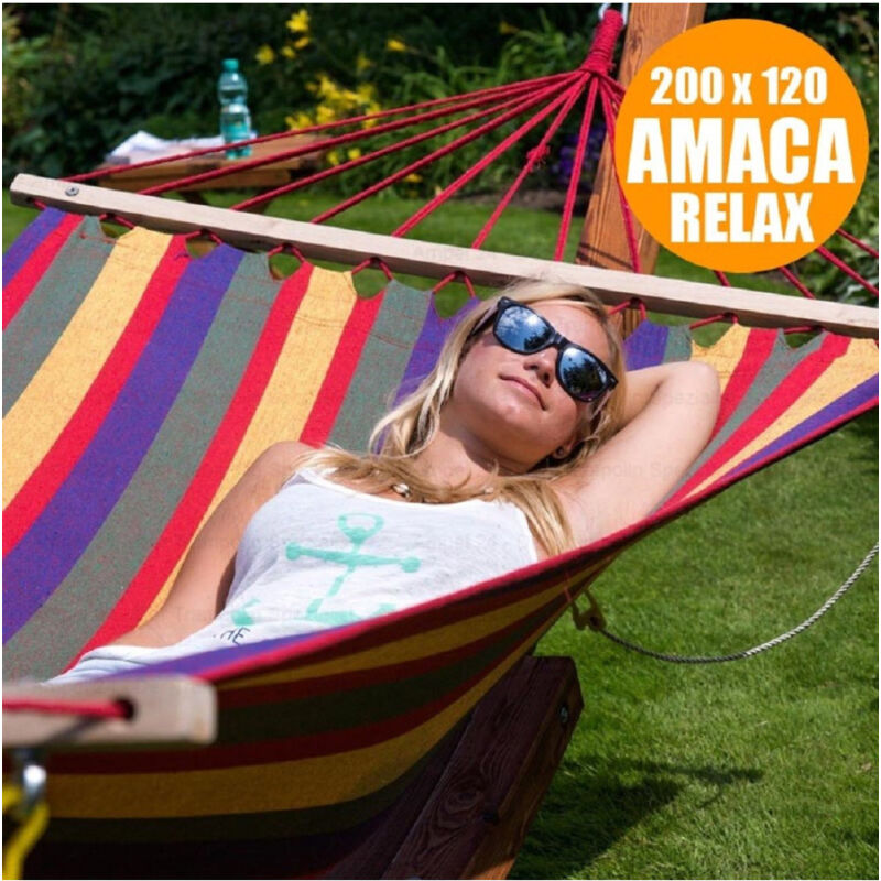 foto del prodotto trade shop traesio amaca da giardino singola xl in legno cotone relax campeggio 200x120cm 2 colori 