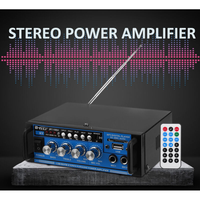 foto del prodotto trade shop traesio amplificatore audio 12v 220v usb sd 2 microfoni mp3 fm casa auto karaoke bt188a 