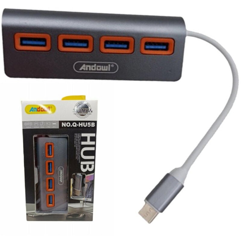 foto del prodotto trade shop traesio andowl hub 4 porte usb 3.0 con connessione usb c type c q hu5b collegamento dispositivi 