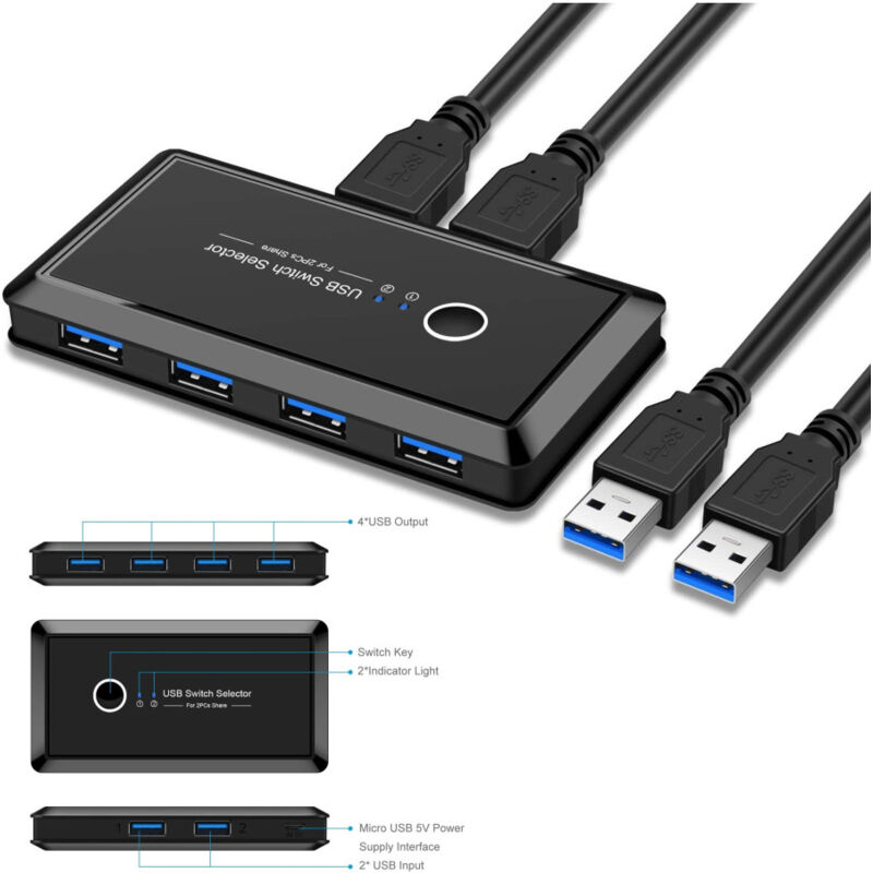 foto del prodotto trade shop traesio andowl switch box usb 2.0 hub 2 ingressi 4 uscite per condividere 2 pc computer q u100 
