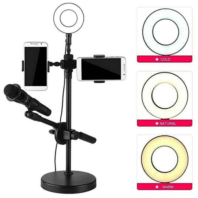 foto del prodotto trade shop traesio anello luminoso a led per selfie con supporto cellulare microfono camera 16cm 
