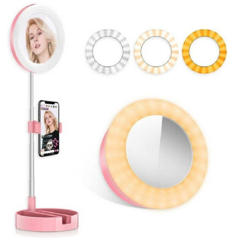foto del prodotto trade shop traesio anello luminoso specchio led telescopico con supporto cellulare selfie 3 luci 