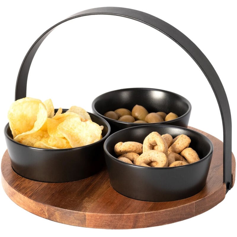 foto del prodotto trade shop traesio antipastiera base in legno con manico metallo 3 ciotole vassoio finger food 