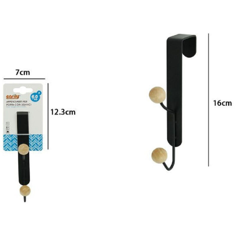 foto del prodotto trade shop traesio appendiabiti appendino da porta metallo nero palline legno 2 posti ganci 79558 