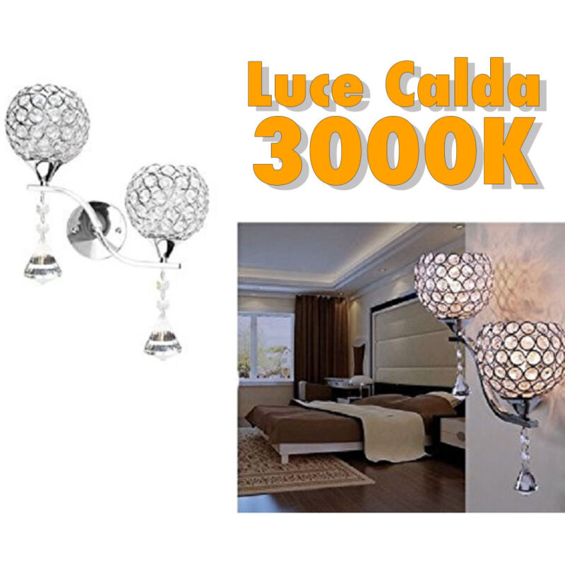 foto del prodotto trade shop traesio applique da parete doppia lampada tondo cristalli luce led caldo 3000 lampadario 