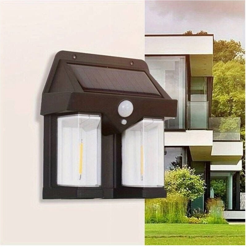 foto del prodotto trade shop traesio - applique doppia lanterna solare led tungsteno sensore movimento ip65 da esterno -