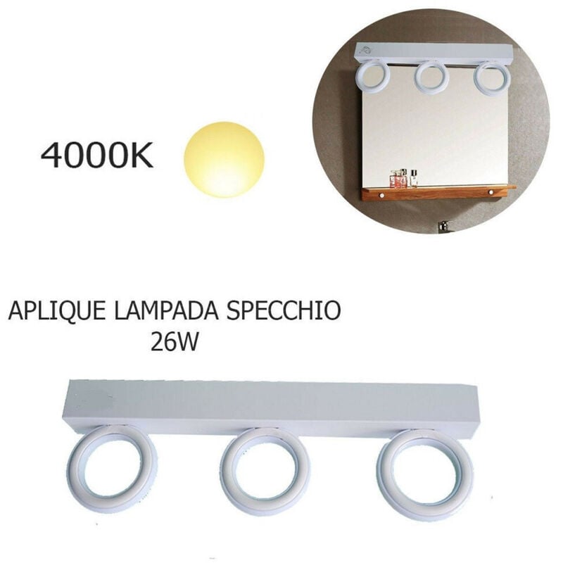 foto del prodotto trade shop traesio applique lampada moderno da parete muro specchio 26w bagno 135 led 2835 smd luce bianco naturale 