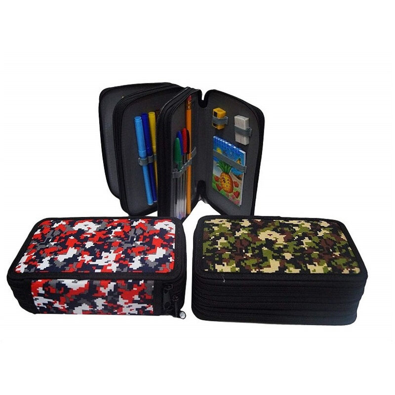foto del prodotto trade shop traesio astuccio mimetico con 3 zip triplo scomparto accessoriato 27 pz. scuola bambini 