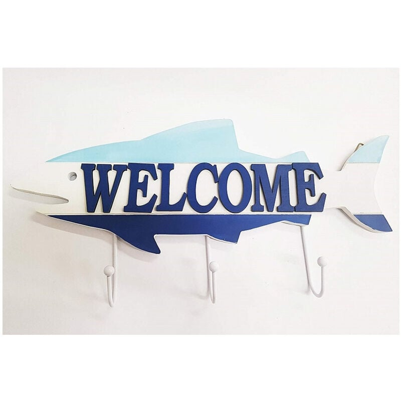 foto del prodotto trade shop traesio attaccapanni appendino 3 ganci parete legno pesce welcome stile marino 