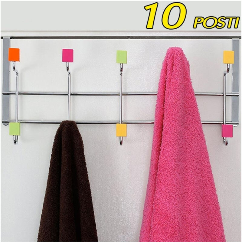 foto del prodotto trade shop traesio attaccapanni per porta appendiabiti in metallo 10 posti pomelli colorati 50x21cm 