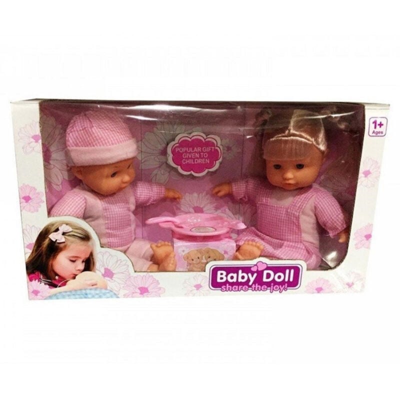 foto del prodotto trade shop traesio bambolotti gemelli boy e girl con accessori pappa e vestitini in tessuto rosa 