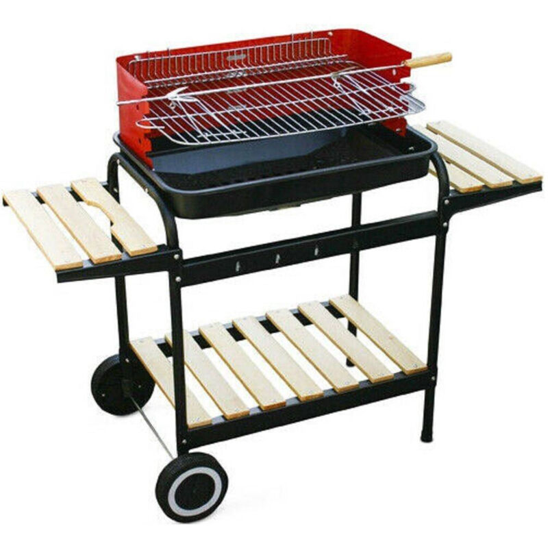 foto del prodotto trade shop traesio - barbecue trolley a carbonella in metallo e legno bbq braciere portatile ripiani -