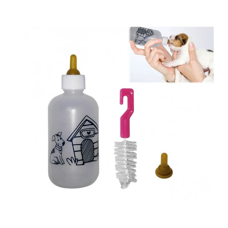 foto del prodotto trade shop traesio biberon per cuccioli cane e gatto 120ml con doppia tettarella e spazzola pulizia 