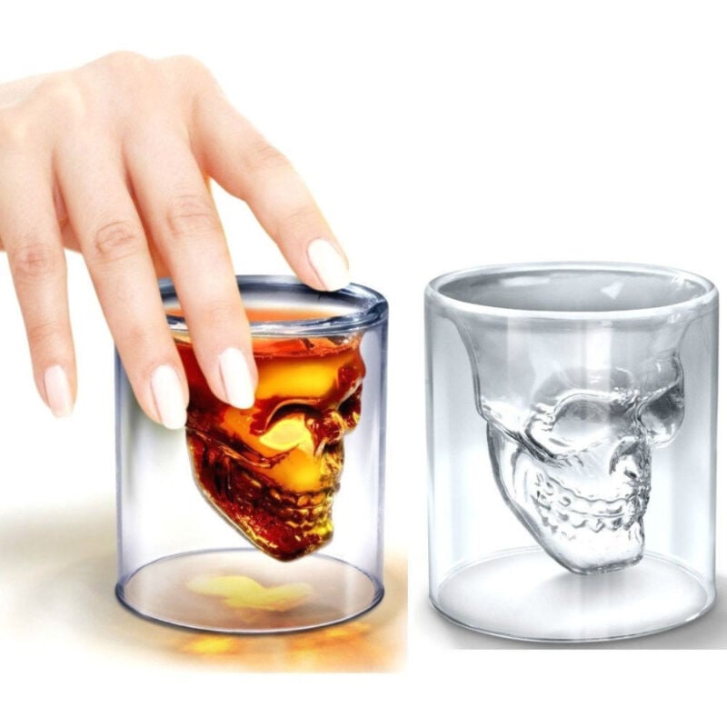 foto del prodotto trade shop traesio bicchiere in vetro per shot cicchetto liquore con sagoma di teschio vodka whisky 