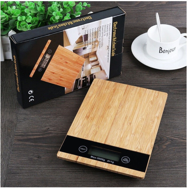 foto del prodotto trade shop traesio bilancia da cucina digitale di precisione pesa 1gr 5 kg tara piatto legno 