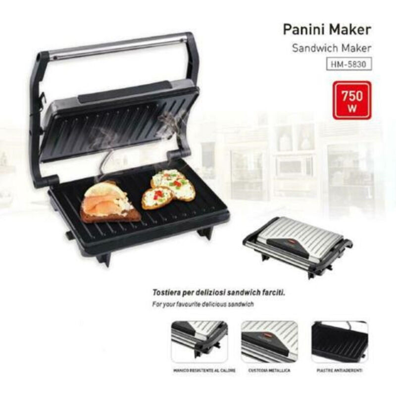 foto del prodotto trade shop traesio bistecchiera elettrica piastra per panini 750 watt toast con apertura basculante 