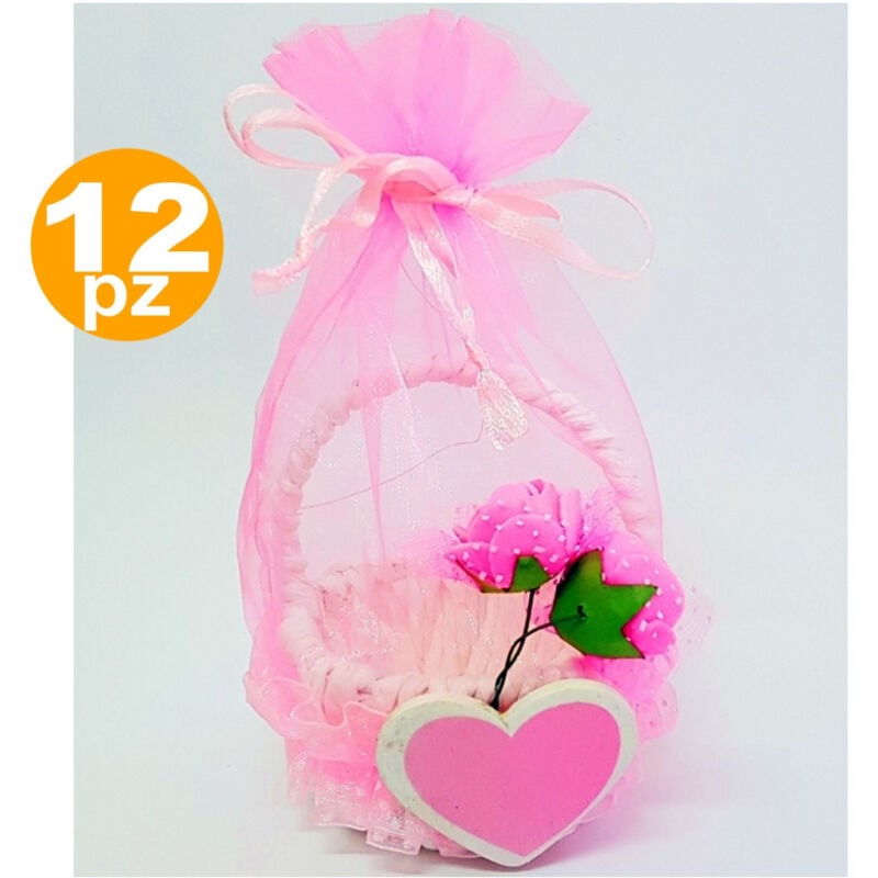 foto del prodotto trade shop traesio bomboniera cestino rosa cuore sacchetto organza portaconfetti nascita battesimo 