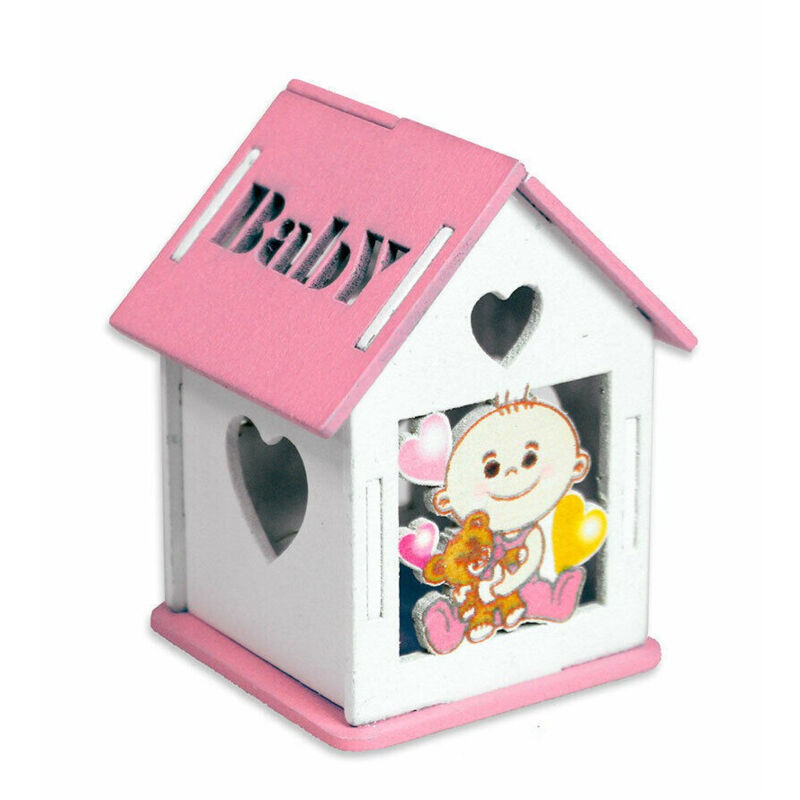 foto del prodotto trade shop traesio bomboniera in legno casetta con tetto apribile per nascita battesimo bimba rosa 