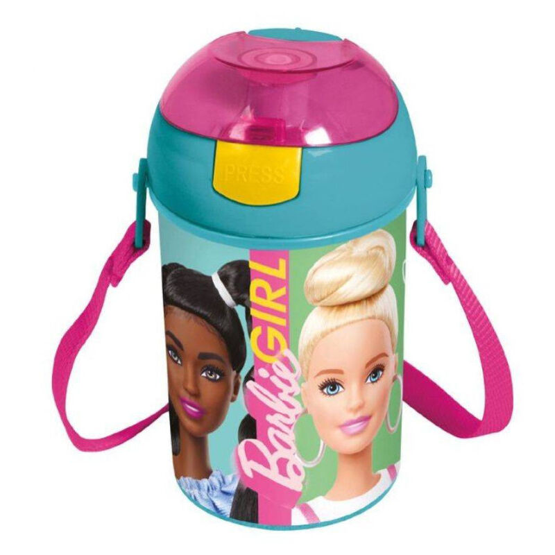 foto del prodotto trade shop traesio borraccia barbie bambine con tracolla con tappo a pulsante in plastica 450ml 