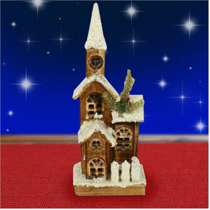 foto del prodotto trade shop traesio - campanile legno innevato con luci gialle altezza 41 cm decorazioni natalizie -